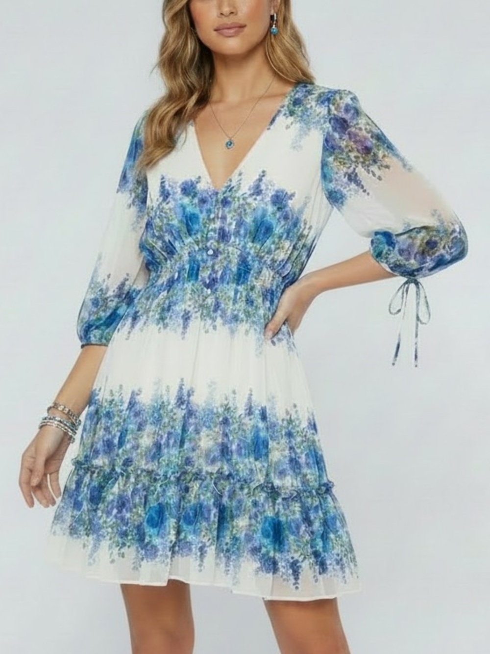 NWT TAYLOR Blue Floral V-Neck Smock Waist Ruffle Hem Lined Mini Dress Size 4